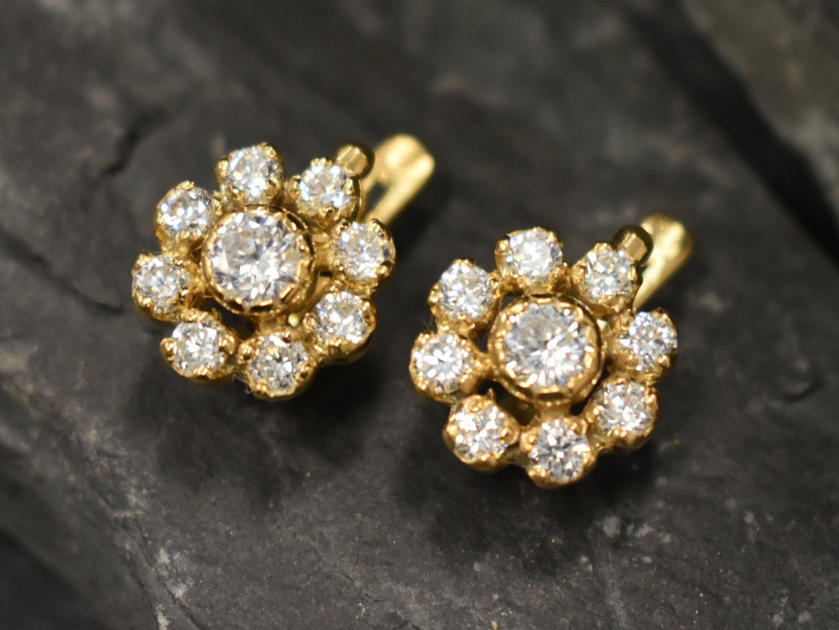 Vintage Earrings, Vintage Flower, Vintage Diamond Earrings, CZ Diamonds, 2 Carats Diamonds, Antique Earrings, Solid Silver, Pure Silver(1)