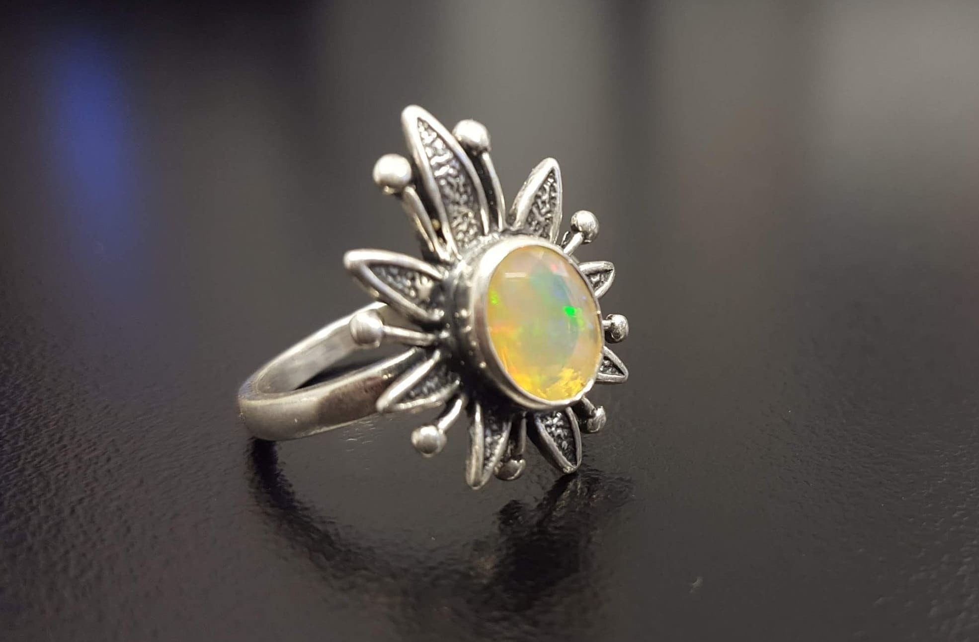 Opal Ring, Natural Opal, Ethiopian Opal Ring, October Birthstone, Flower Ring, Fire Opal, Ethiopian Ring, October Ring, Silver Ring, Opal