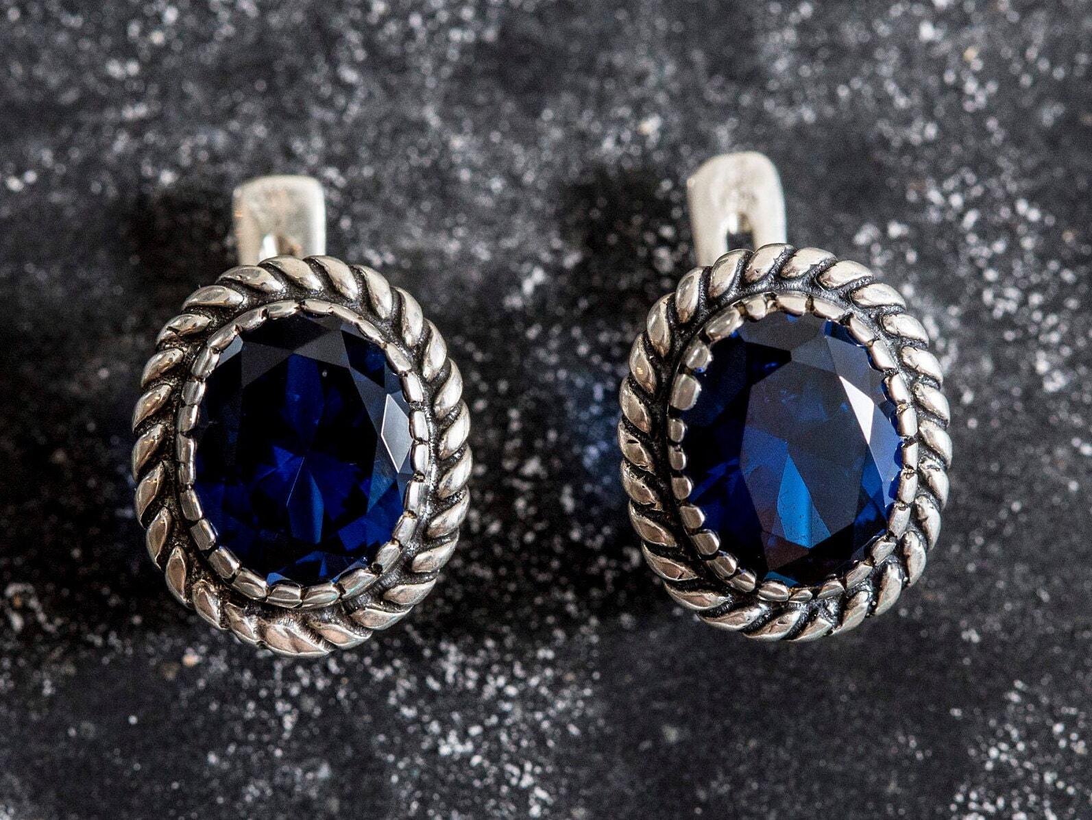 Created Sapphire Earrings made in 925 Sterling Silver with Baguette Created Blue Sapphire in Solitaire setting, September Birthstone gift idea, symbolizes sincerity, truth, and faithfulness, ideal for everyday wear and perfect for birthday gifting and special occasions.