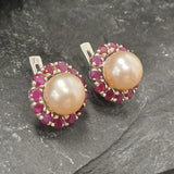 Flower Pearl Earrings - Genuine Beige Pearl Studs - Genuine Ruby Halo Earrings