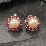 Flower Pearl Earrings - Genuine Beige Pearl Studs - Genuine Ruby Halo Earrings