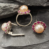 Flower Pearl Earrings - Genuine Beige Pearl Studs - Genuine Ruby Halo Earrings