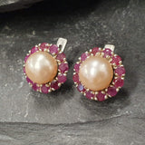 Flower Pearl Earrings - Genuine Beige Pearl Studs - Genuine Ruby Halo Earrings