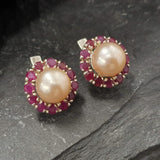 Flower Pearl Earrings - Genuine Beige Pearl Studs - Genuine Ruby Halo Earrings