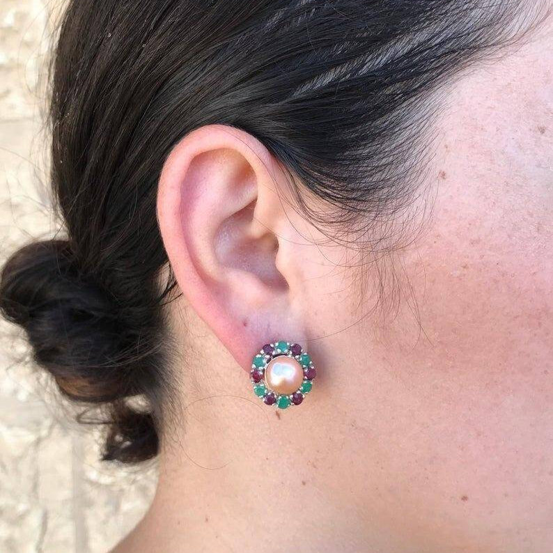 Pearl Earrings, Beige Pearl Earrings, Natural Pearl, Victorian Earrings, June Birthstone, Vintage Earrings, Round Earrings, Silver Earrings