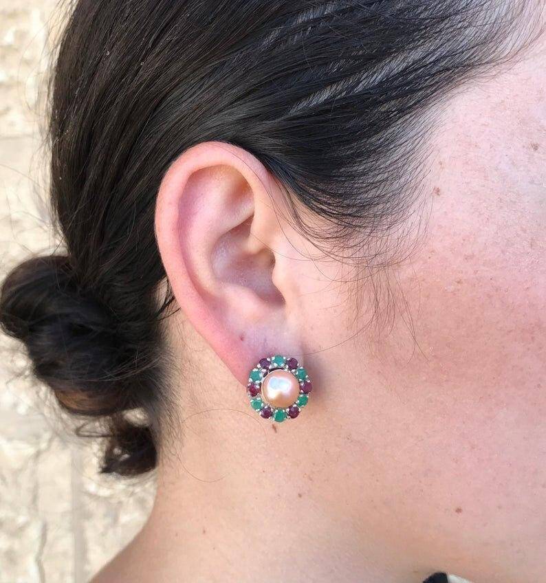 Pearl Earrings, Beige Pearl Earrings, Natural Pearl, Victorian Earrings, June Birthstone, Vintage Earrings, Round Earrings, Silver Earrings