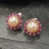 Flower Pearl Earrings - Genuine Beige Pearl Studs - Genuine Ruby Halo Earrings