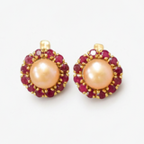 Flower Pearl Earrings - Genuine Beige Pearl Studs - Genuine Ruby Halo Earrings