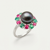 Black Pearl Ring - Pearl Flower Ring - Victorian Pearl Ring