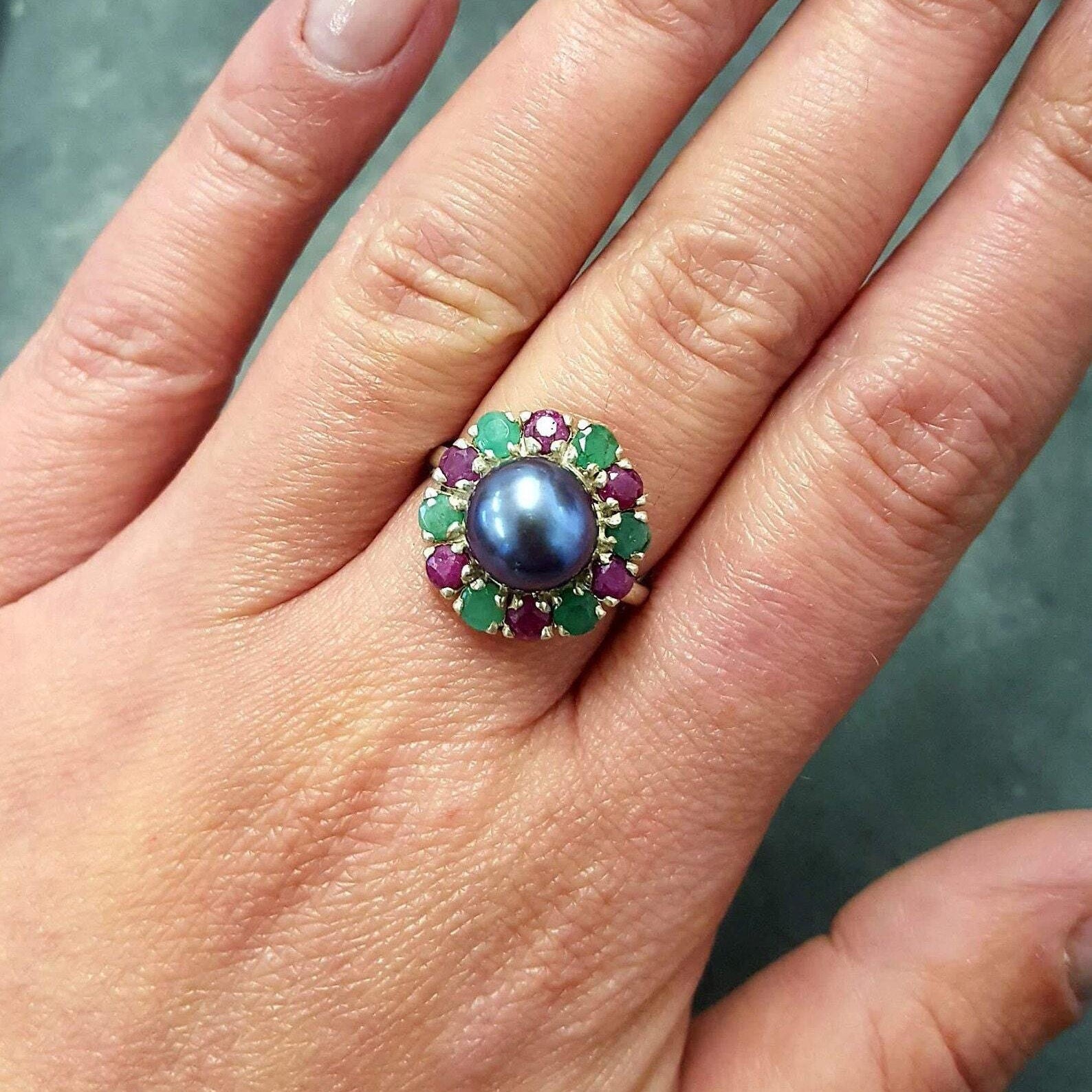 Black Pearl Ring, Natural Pearl, Vintage Ring, June Birthstone, Natural Ring, Black Ring, Birthstone Ring, Ruby, Emerald, Solid Silver Ring