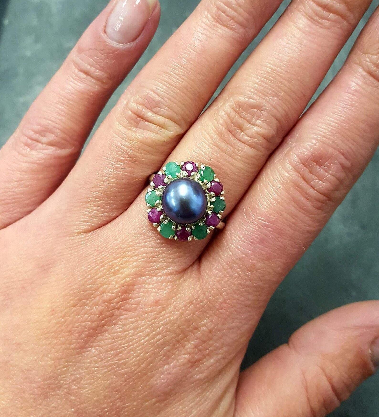 Black Pearl Ring, Natural Pearl, Vintage Ring, June Birthstone, Natural Ring, Black Ring, Birthstone Ring, Ruby, Emerald, Solid Silver Ring