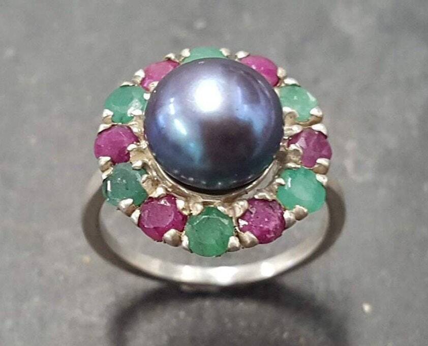 Black Pearl Ring, Natural Pearl, Vintage Ring, June Birthstone, Natural Ring, Black Ring, Birthstone Ring, Ruby, Emerald, Solid Silver Ring