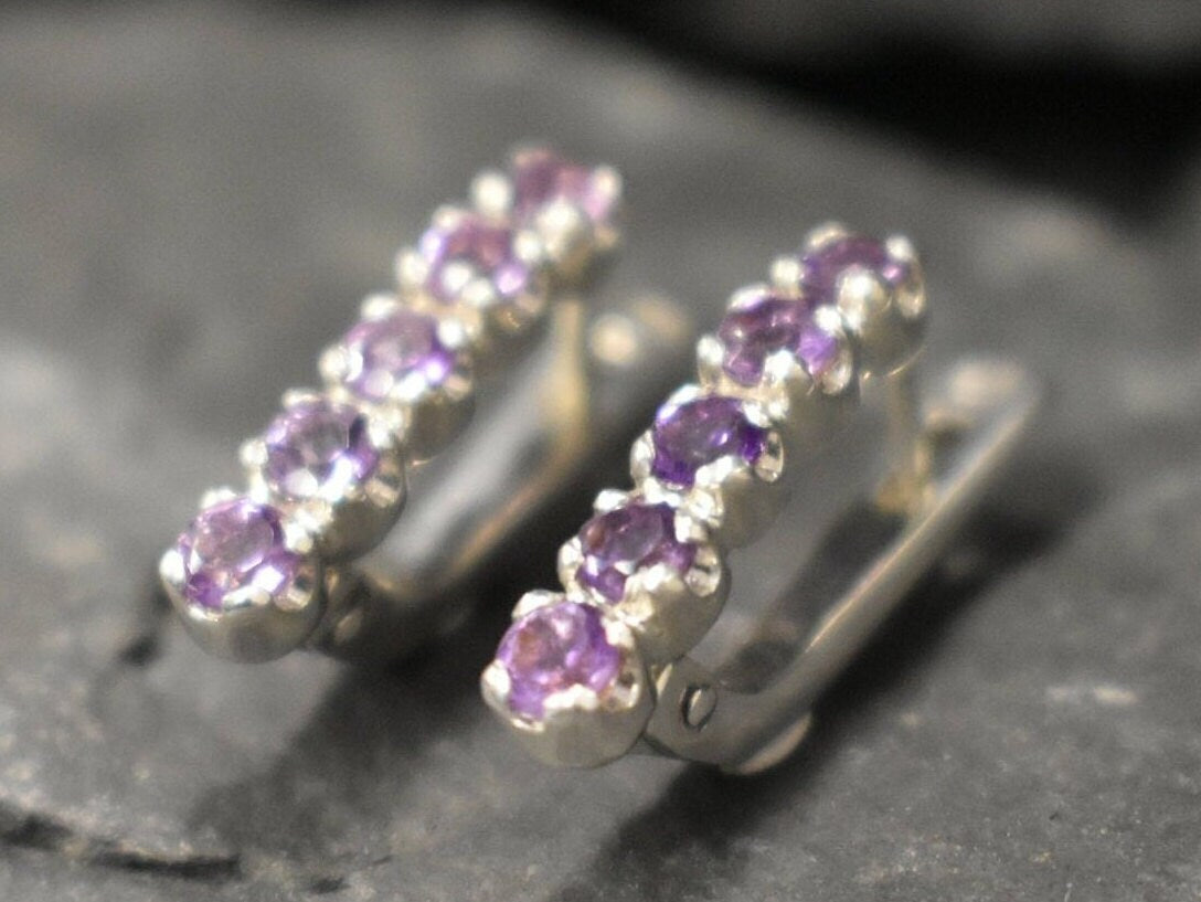 Amethyst Earrings, Natural Amethyst, February Birthstone, Purple Diamond Studs, Purple Vintage Earrings, Amethyst Studs, 925 Silver Earrings