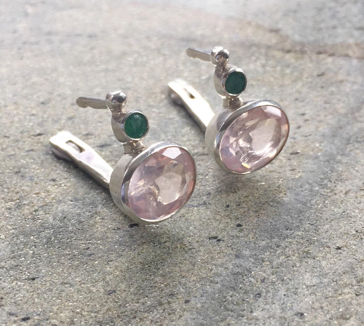 Rose Quartz Earrings, Natural Rose Quartz, Emerald Earrings, Natural Emerald, Pink Earrings, Vintage Earrings, Sterling Silver Earrings