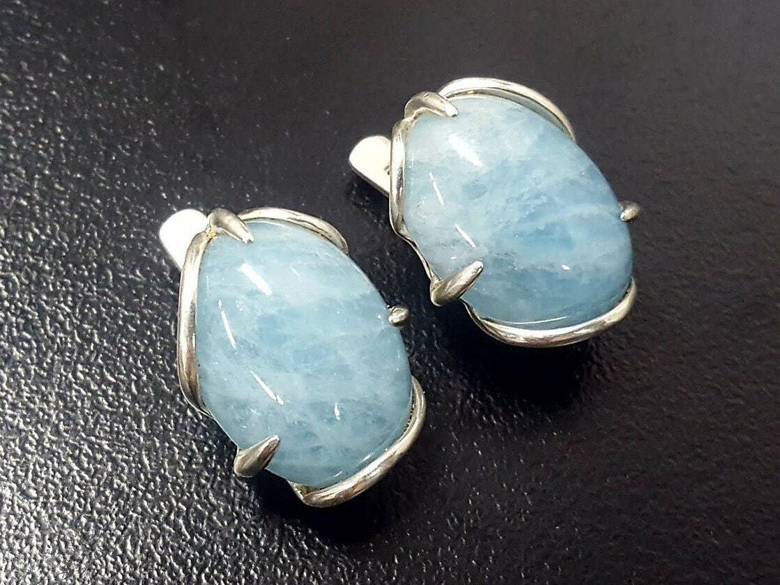 Aquamarine Earrings, Natural Aquamarine, Statement Earrings, Large Studs, Oval Studs, Aqua Earrings, Blue Earrings, Solid Silver Earrings