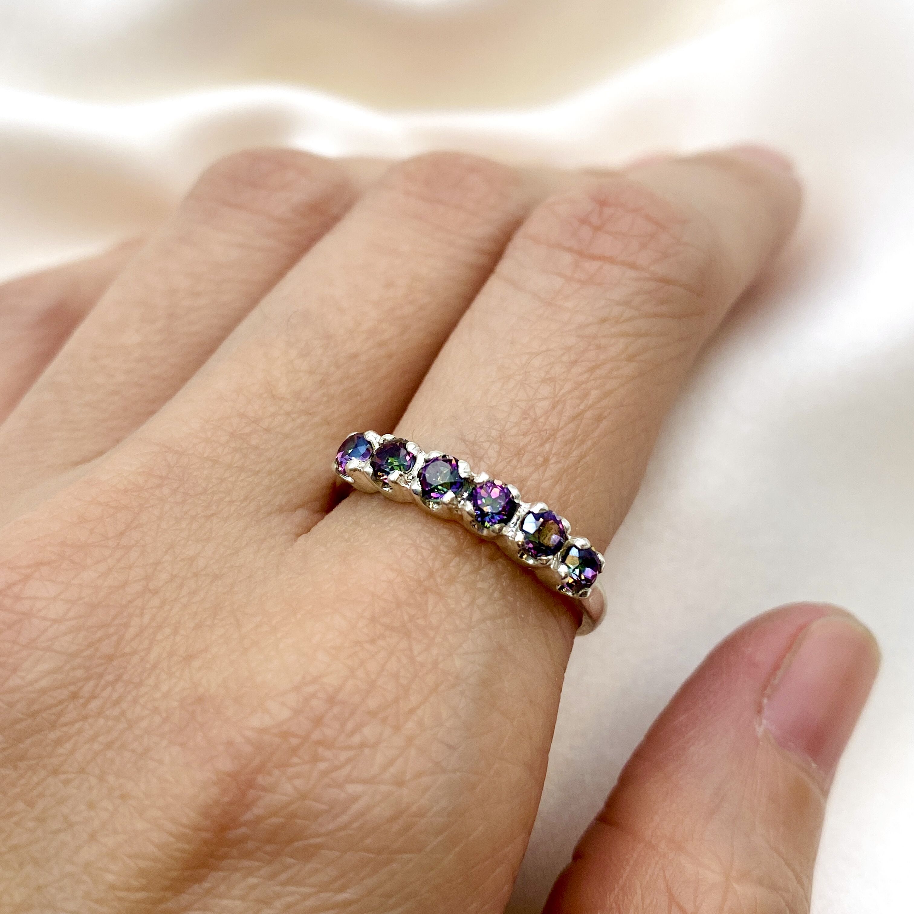 Half Eternity Ring, Promise Ring, Dainty Ring, Pink Tourmaline Ring, Mystic Topaz Ring, Half Eternity Band, Genuine Topaz, Solid Silver Ring