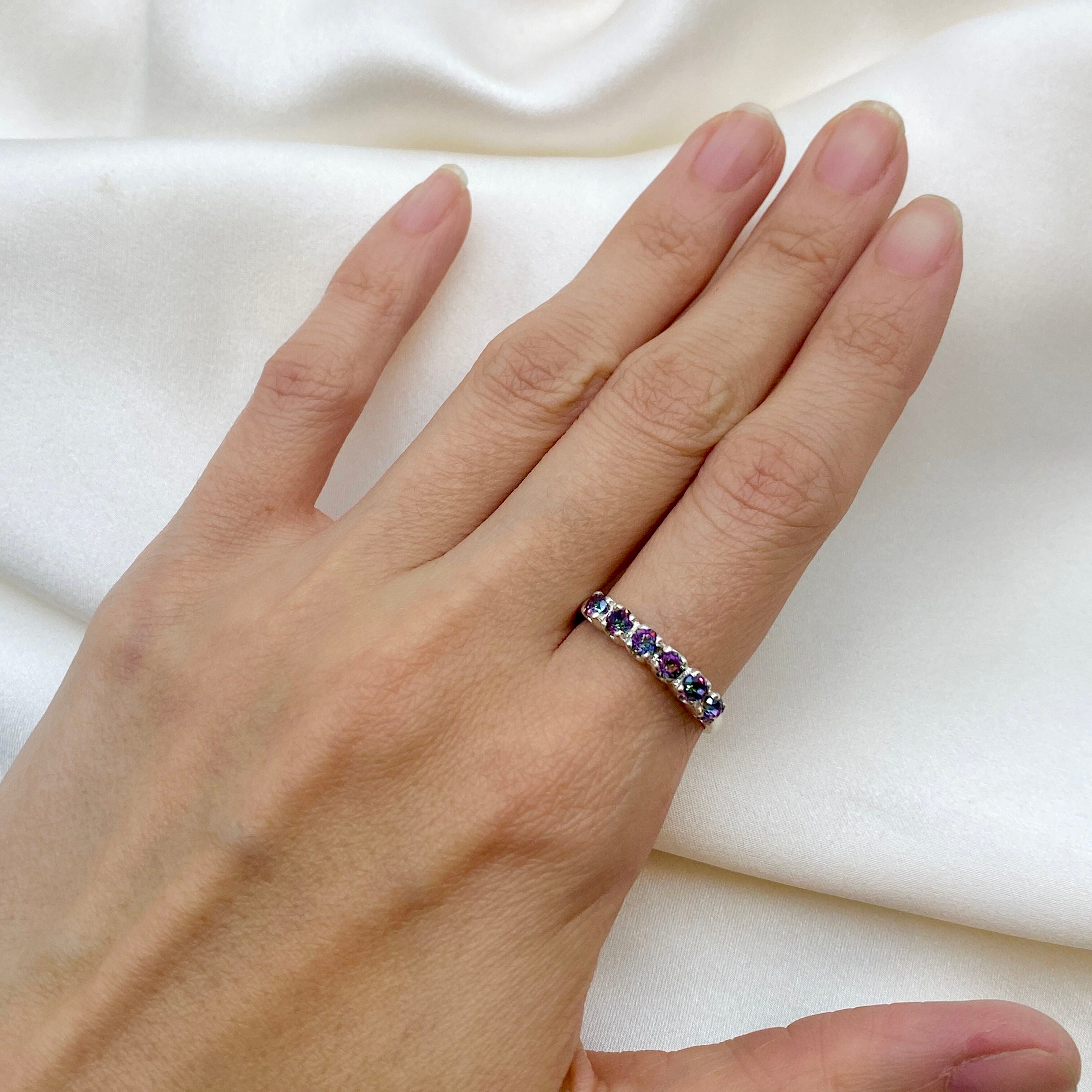 Half Eternity Ring, Promise Ring, Dainty Ring, Pink Tourmaline Ring, Mystic Topaz Ring, Half Eternity Band, Genuine Topaz, Solid Silver Ring