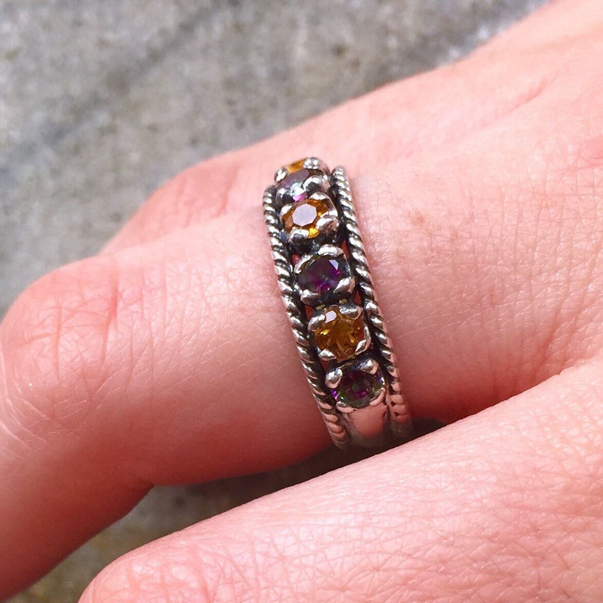 Half Eternity Ring, Vintage Citrine Ring, Citrine Ring, Topaz Ring, Mystic Topaz, Wide Gemstone Ring, Solid Silver Ring, 925 Sterling Silver