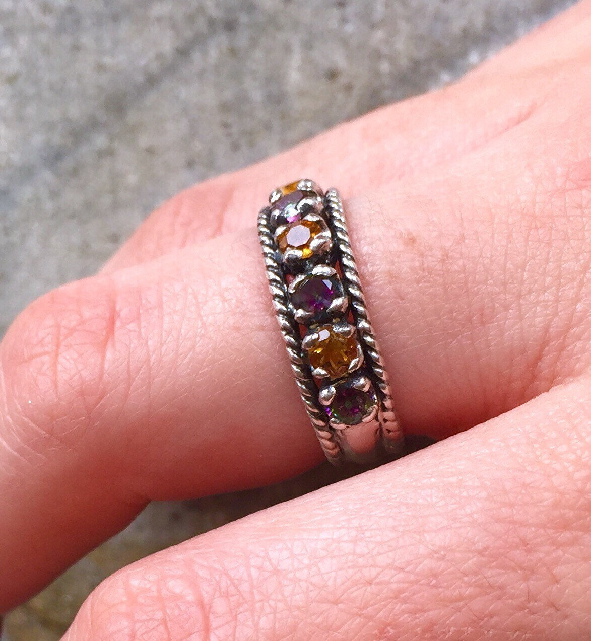 Half Eternity Ring, Vintage Citrine Ring, Citrine Ring, Topaz Ring, Mystic Topaz, Wide Gemstone Ring, Solid Silver Ring, 925 Sterling Silver