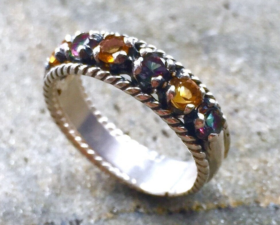 Half Eternity Ring, Vintage Citrine Ring, Citrine Ring, Topaz Ring, Mystic Topaz, Wide Gemstone Ring, Solid Silver Ring, 925 Sterling Silver