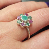 Emerald Flower Ring - Genuine Multistones Ring - Green Red Victorian Ring