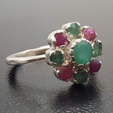 Emerald Flower Ring - Genuine Multistones Ring - Green Red Victorian Ring