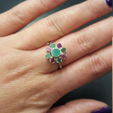 Emerald Flower Ring - Genuine Multistones Ring - Green Red Victorian Ring