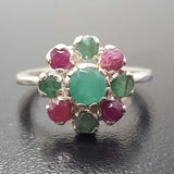 Emerald Flower Ring - Genuine Multistones Ring - Green Red Victorian Ring