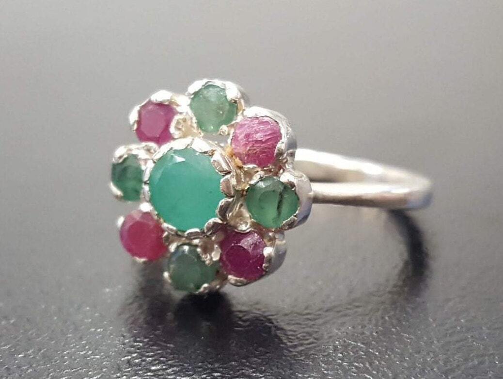Natural Emerald Ring made in 925 Sterling Silver with Round Natural Green Emerald in Cluster setting, May Birthstone gift idea, symbolizes growth, harmony, and deep emotional healing, ideal for everyday wear and perfect for birthday gifting and special occasions.