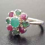 Emerald Flower Ring - Genuine Multistones Ring - Green Red Victorian Ring