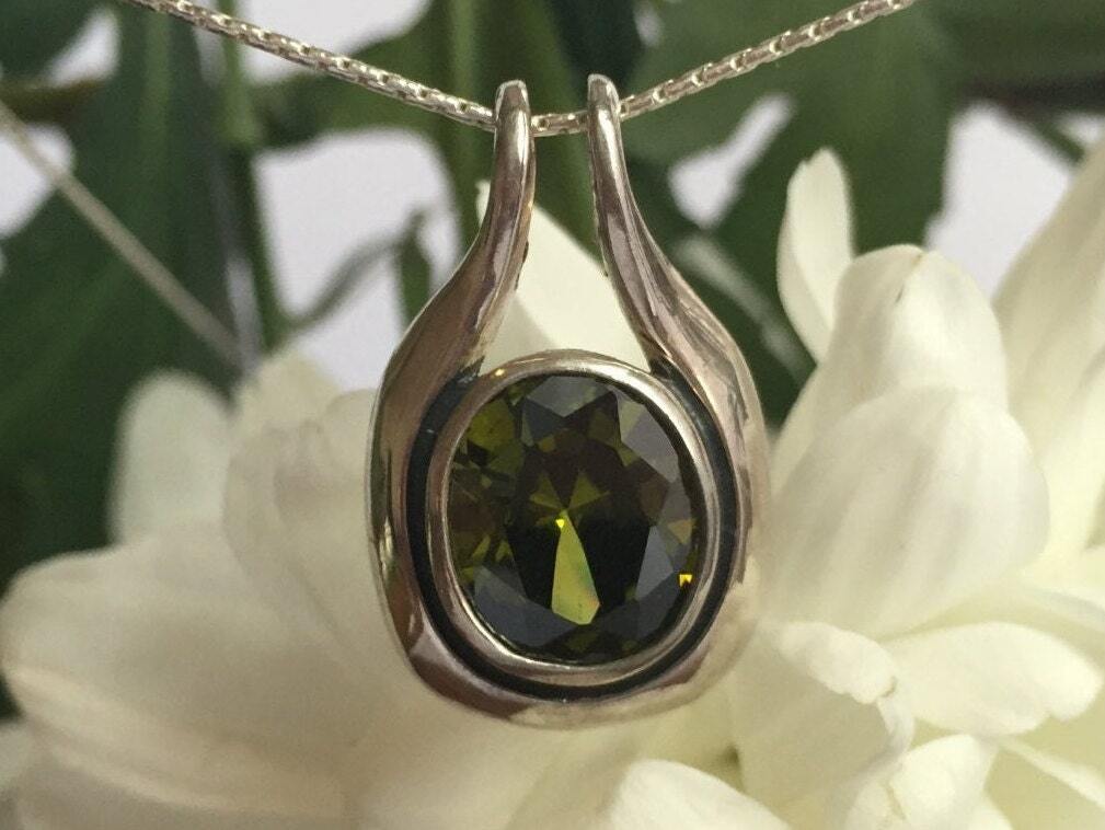 Green Diamond Pendant, Created Diamond, Vintage Pendant, Mint Green Pendant, Large Pendant, Unique Pendant, Sterling Silver Pendant, Diamond