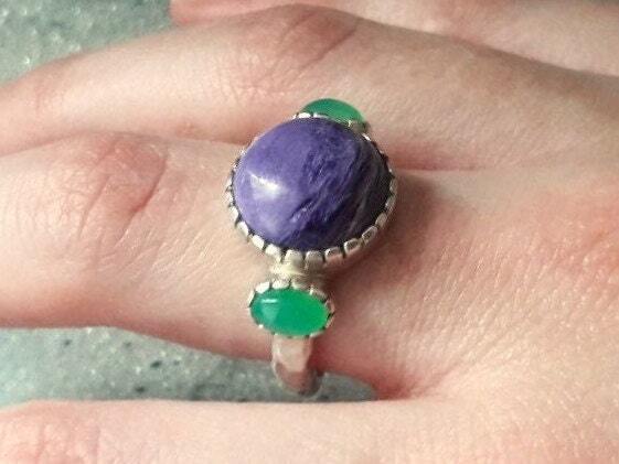 Charoite Ring, Natural Charoite, Chrysoprase Ring, Natural Chrysoprase, Purple Ring, Purple Stone, Vintage Ring, Purple Stone Ring, Silver