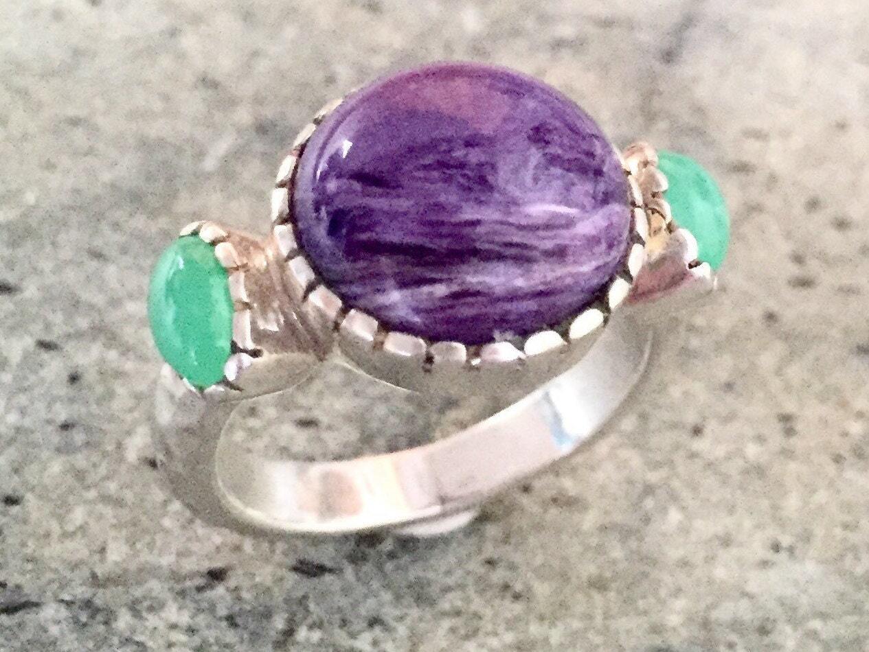 Charoite Ring, Natural Charoite, Chrysoprase Ring, Natural Chrysoprase, Purple Ring, Purple Stone, Vintage Ring, Purple Stone Ring, Silver