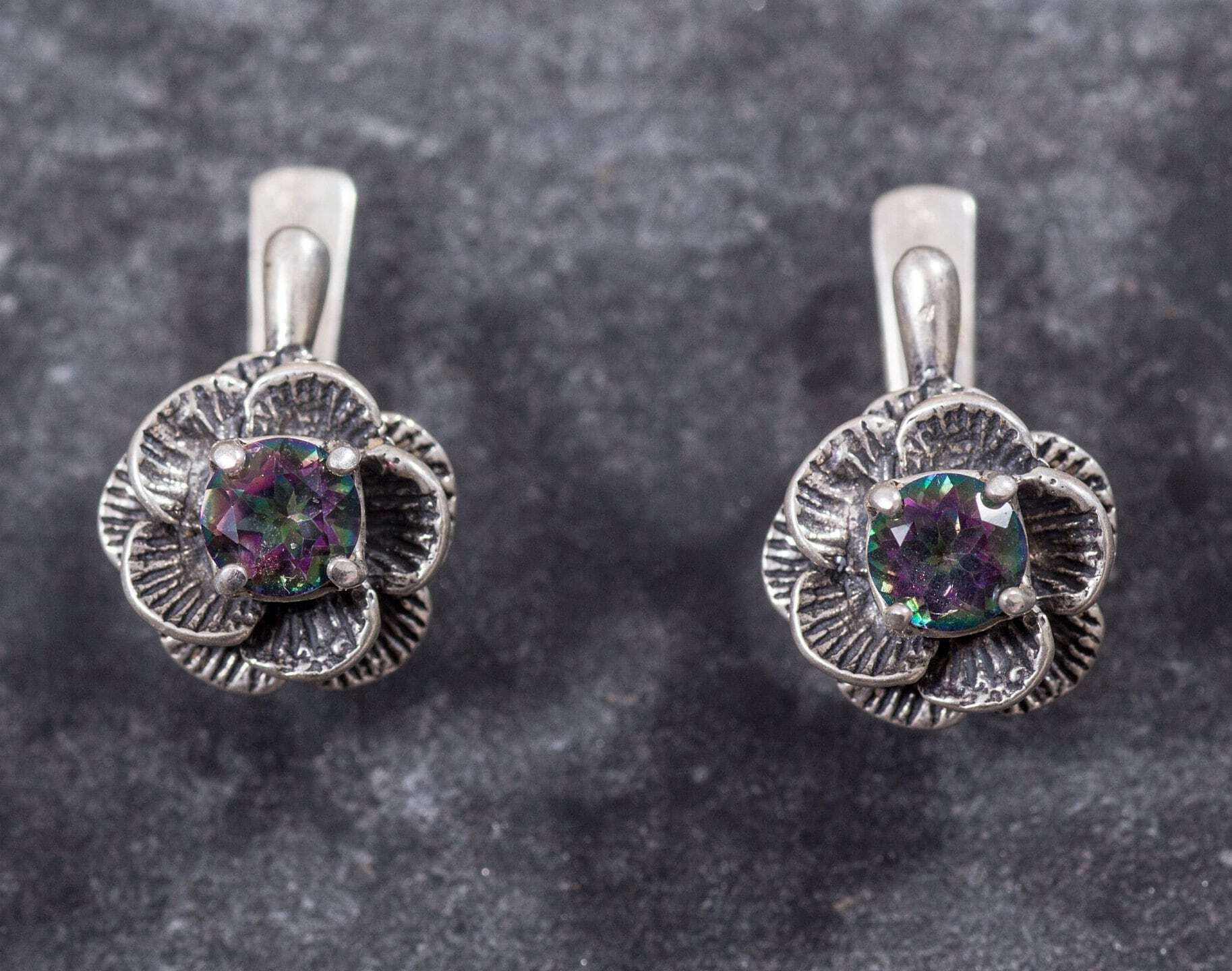 Flower Earrings, Mystic Topaz Earrings, Natural Topaz, Vintage Flower Earrings, December Birthstone, Solid Silver, Silver Flower, Topaz Stud