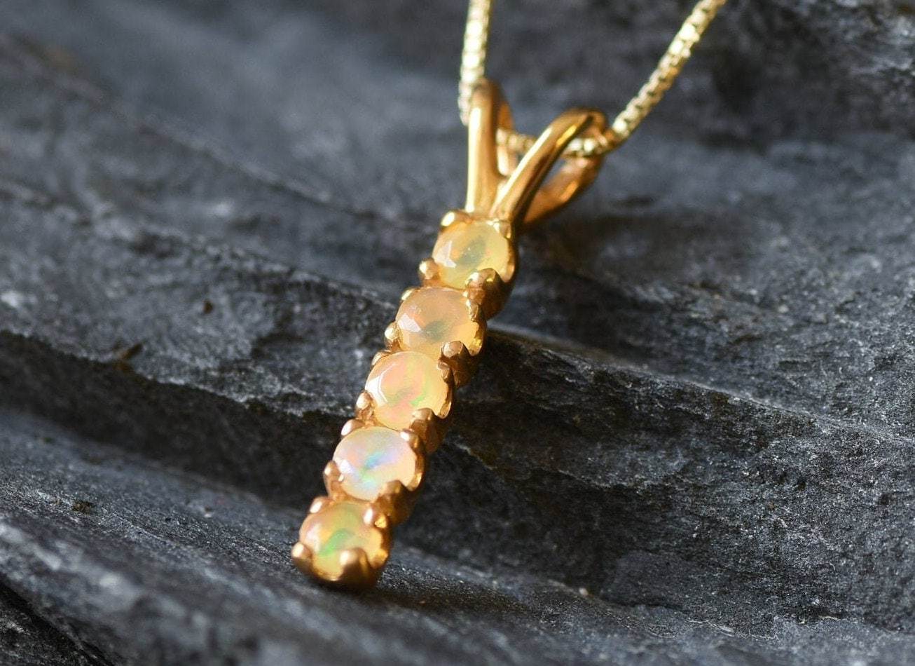 Fire Opal Pendant, Natural Ethiopian Opal, Drop Pendant, Vertical Pendant, Opal Necklace, October Birthstone, Minimalist Pendant, 925 Silver(1)
