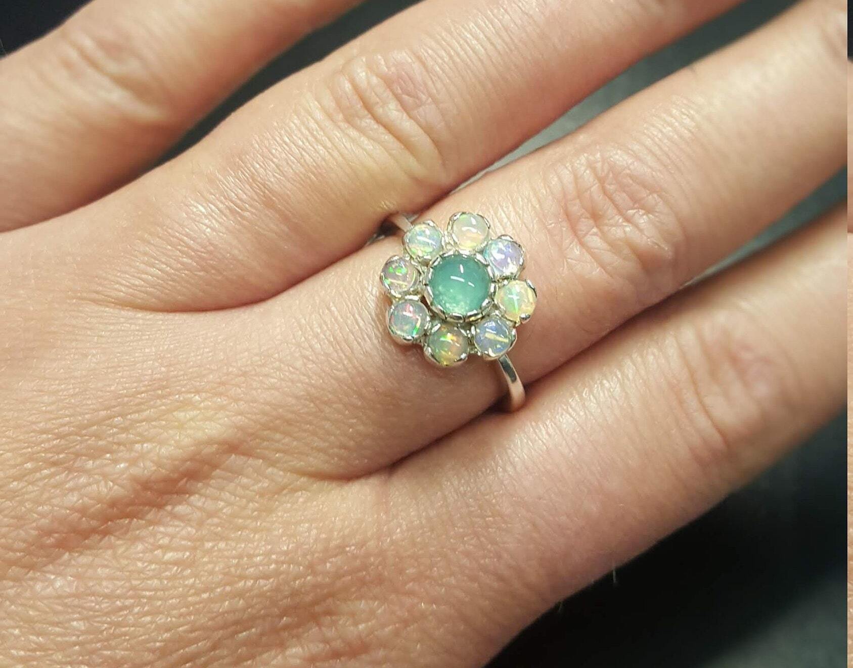 Flower Opal Ring, Natural Opal, Chrysoprase Ring, October Birthstone, Flower Ring, Vintage Ring, Natural Chrysoprase, Sterling Silver Ring