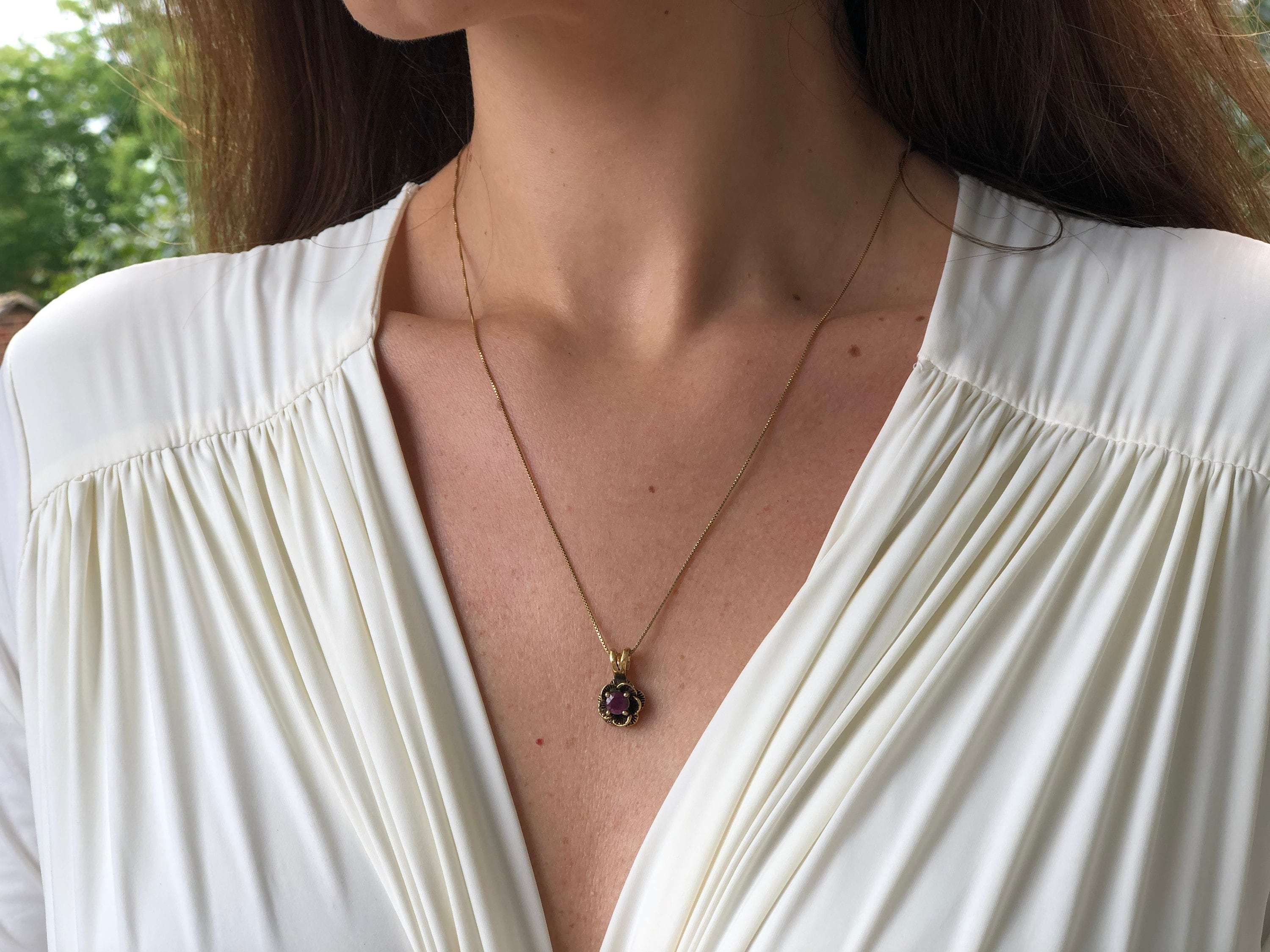 Elegant 18k Gold Vermeil Ruby Pendant, featuring a round natural red ruby, a stunning July birthstone gift for any occasion.