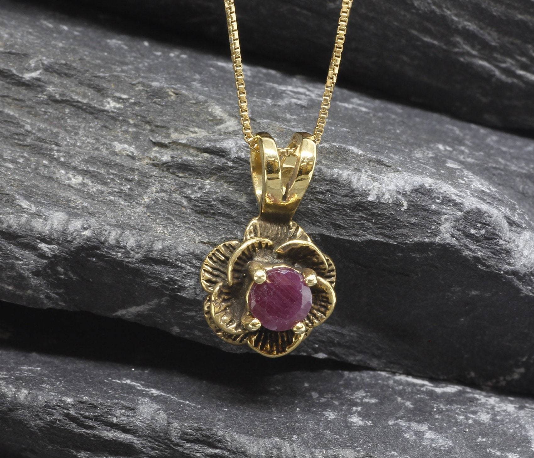 Natural Ruby Pendant made in 18k Gold Vermeil with Round Natural Red Ruby in Prong setting, July Birthstone gift idea, symbolizes nobility, purity, and passion, ideal for everyday wear and perfect for birthday gifting and special occasions.