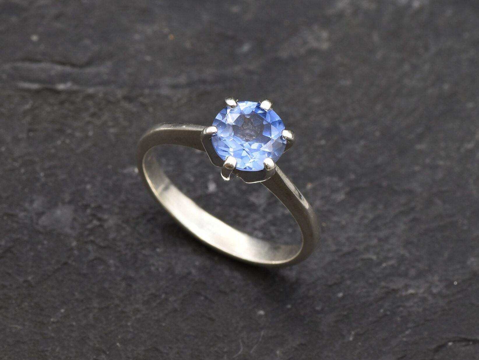 Created Sapphire Ring made in 925 Sterling Silver with Round Created Blue Sapphire in Solitaire setting, September Birthstone gift idea, symbolizes sincerity, truth, and faithfulness, ideal for everyday wear and perfect for birthday gifting and special occasions.