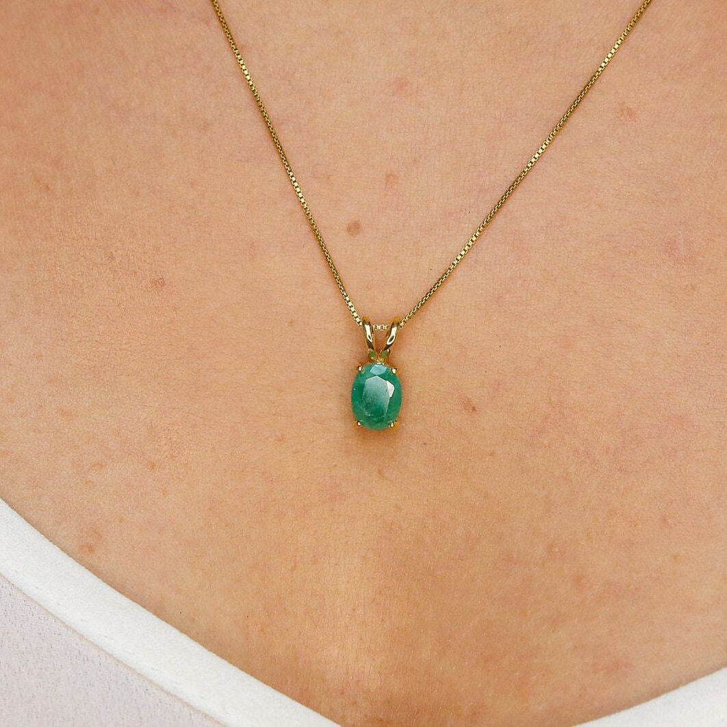 Elegant 18k Gold Vermeil Natural Emerald Pendant, featuring a vibrant Oval Green Emerald, a perfect May Birthstone gift.