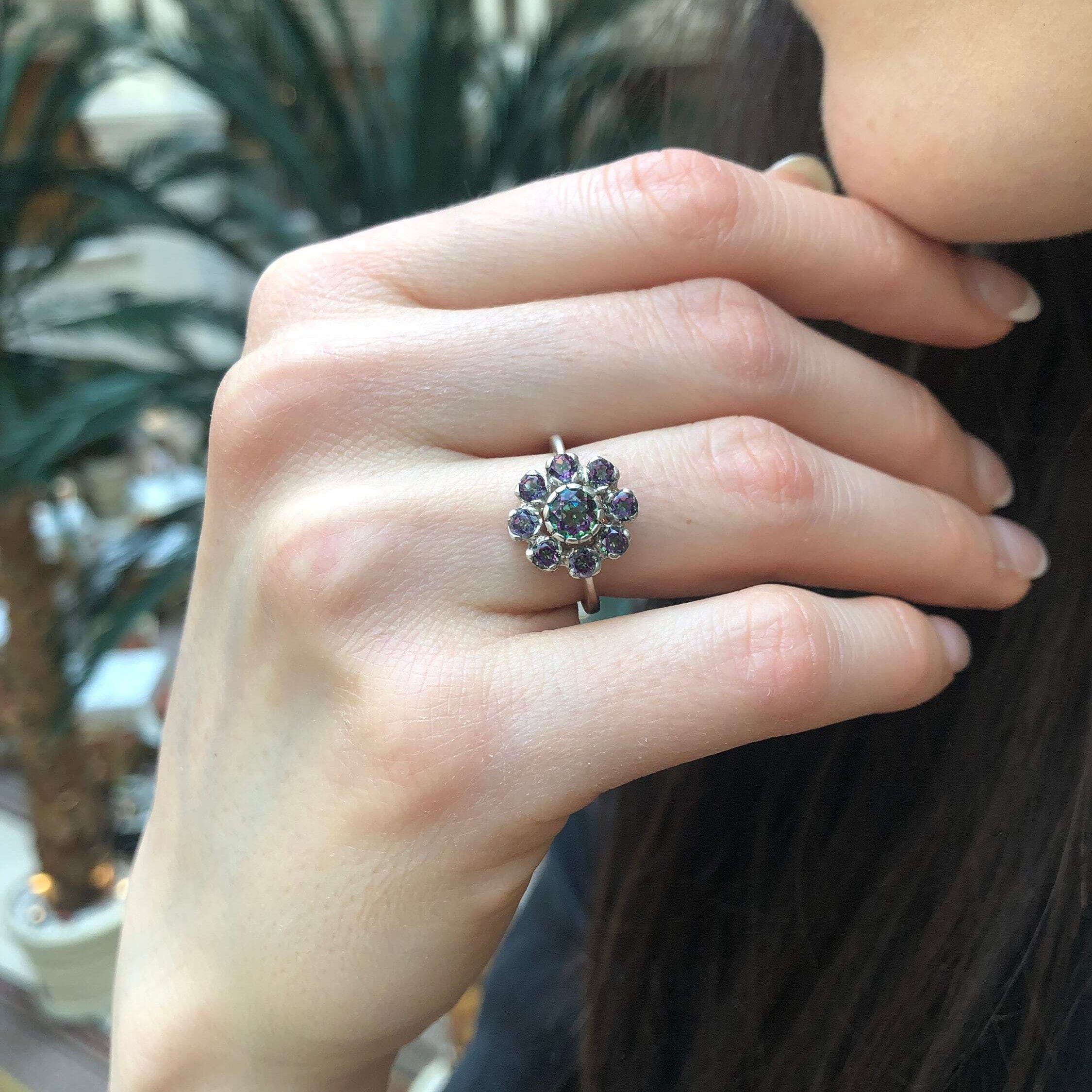 Mystic Topaz Ring, Natural Mystic Topaz, December Birthstone, Purple Flower Ring, Vintage Flower Ring, Purple Diamond Ring, 925 Silver Ring