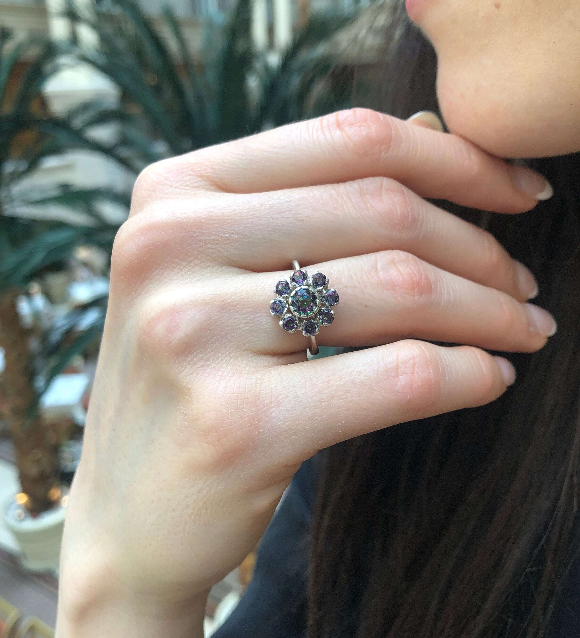 Mystic Topaz Ring, Natural Mystic Topaz, December Birthstone, Purple Flower Ring, Vintage Flower Ring, Purple Diamond Ring, 925 Silver Ring