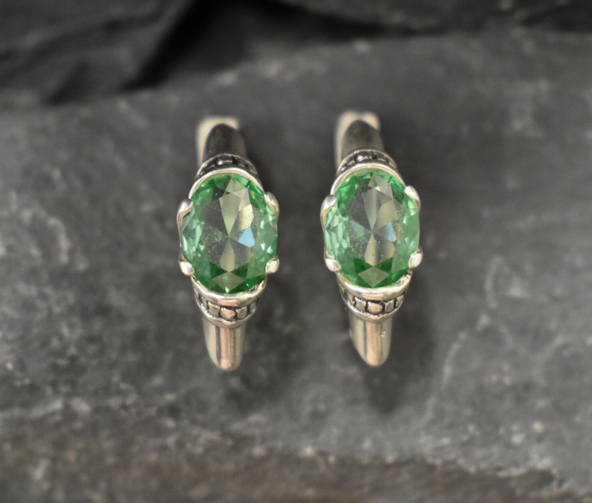 Mint Emerald Earrings, Created Emerald, Vintage Earrings, Long Stud Earrings, Tribal Earrings, Green Boho Earrings, 925 Silver Earrings