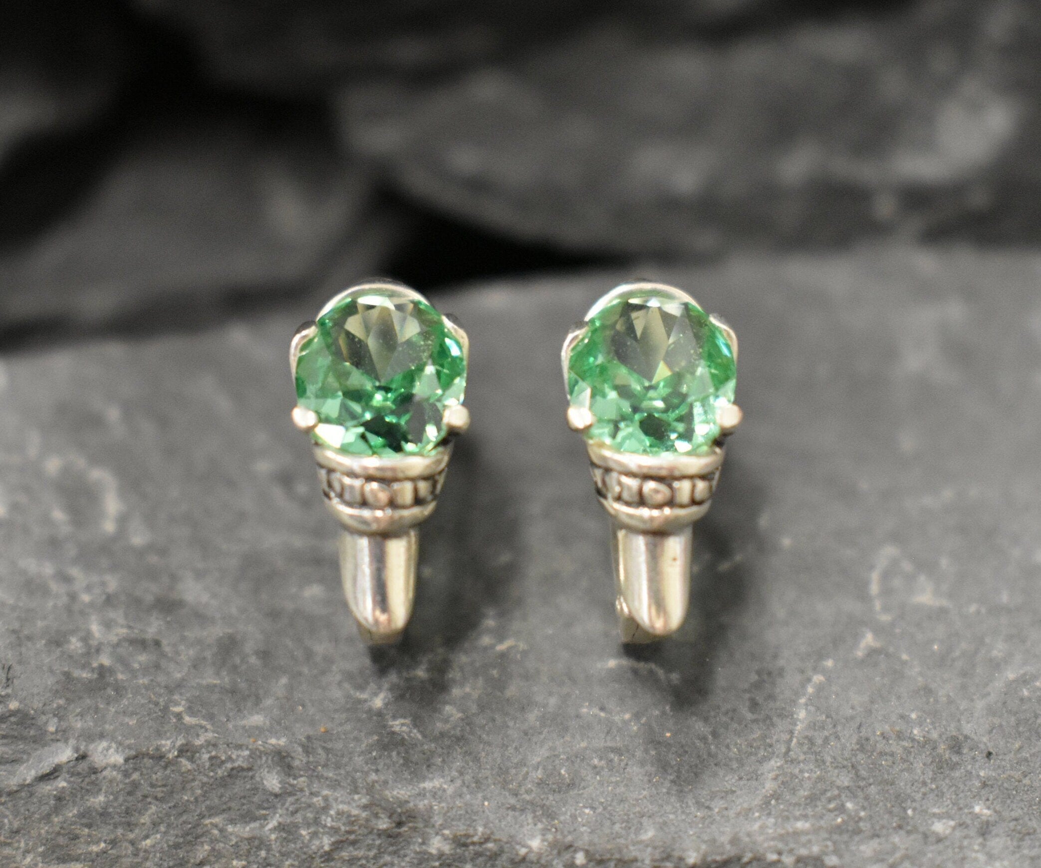 Mint Emerald Earrings, Created Emerald, Vintage Earrings, Long Stud Earrings, Tribal Earrings, Green Boho Earrings, 925 Silver Earrings