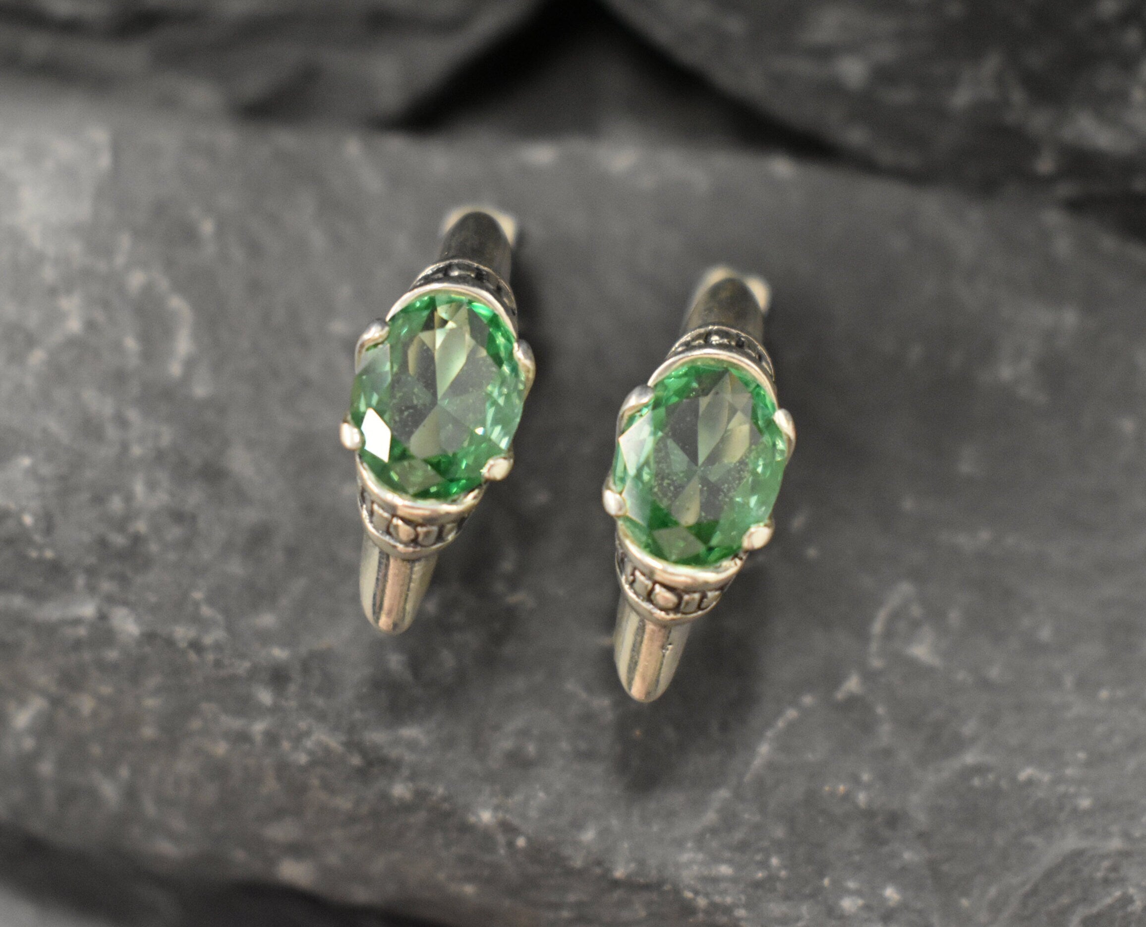 Mint Emerald Earrings, Created Emerald, Vintage Earrings, Long Stud Earrings, Tribal Earrings, Green Boho Earrings, 925 Silver Earrings