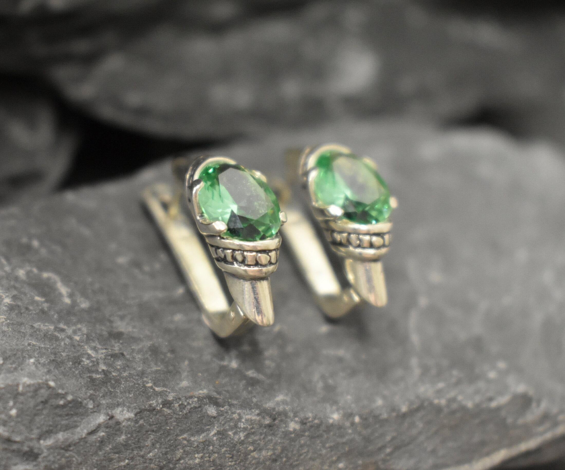 Mint Emerald Earrings, Created Emerald, Vintage Earrings, Long Stud Earrings, Tribal Earrings, Green Boho Earrings, 925 Silver Earrings