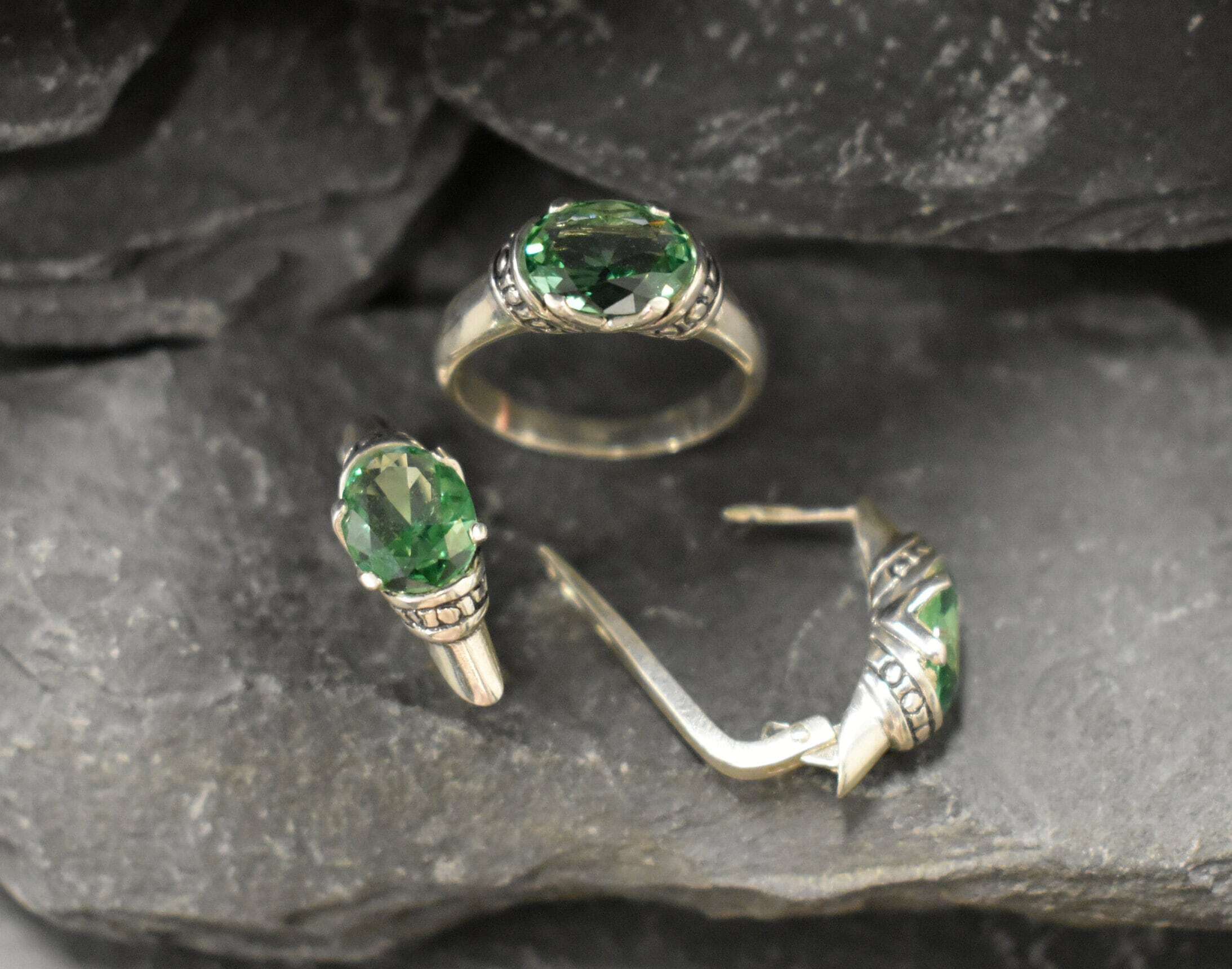 Mint Emerald Earrings, Created Emerald, Vintage Earrings, Long Stud Earrings, Tribal Earrings, Green Boho Earrings, 925 Silver Earrings