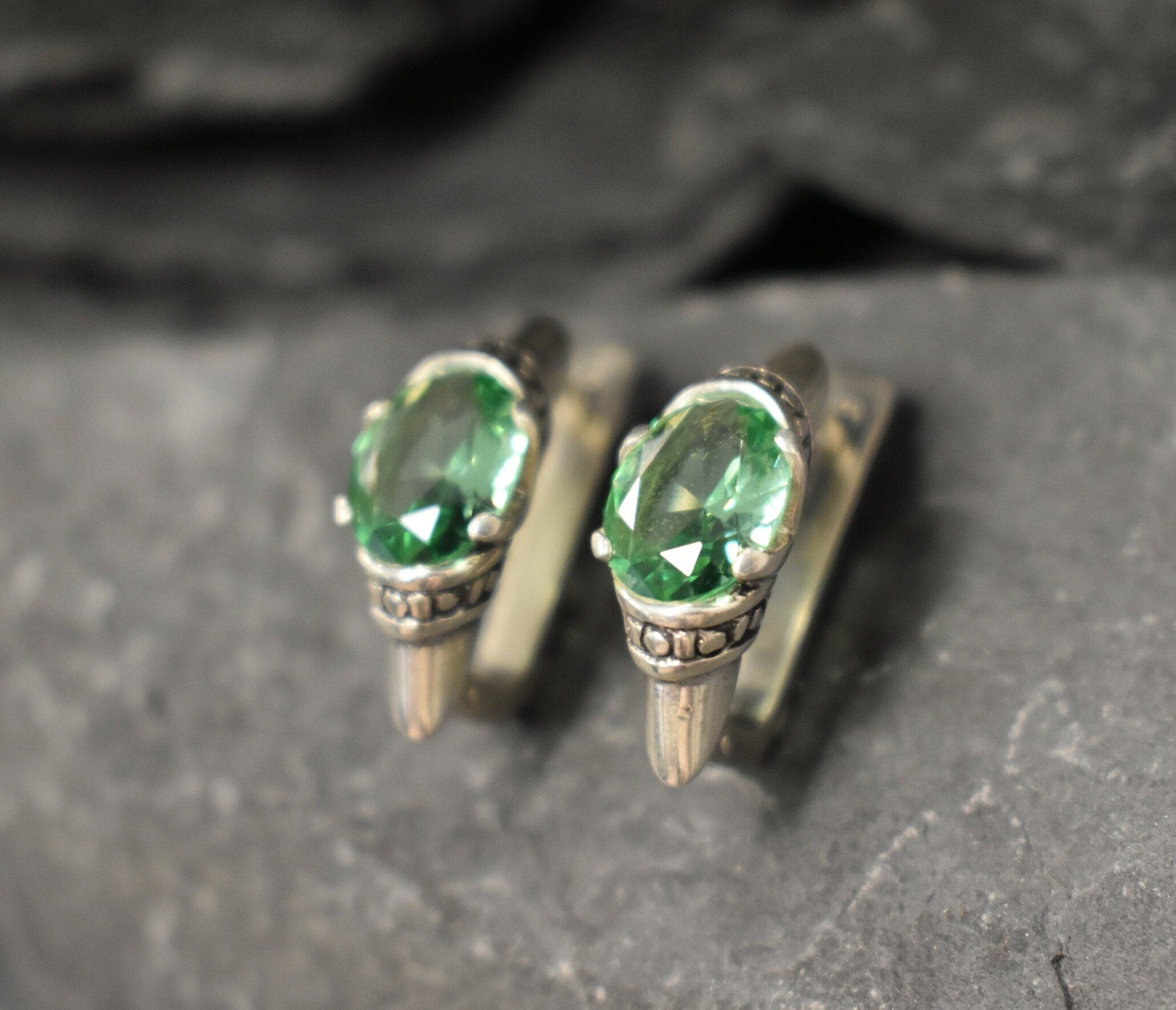 Mint Emerald Earrings, Created Emerald, Vintage Earrings, Long Stud Earrings, Tribal Earrings, Green Boho Earrings, 925 Silver Earrings