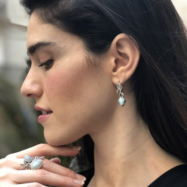 Opal Earrings, Natural Opal, October Birthstone, Leaf Earrings, Vintage Earrings, Long Earrings, Fire Opal Earrings, Solid Silver Earrings