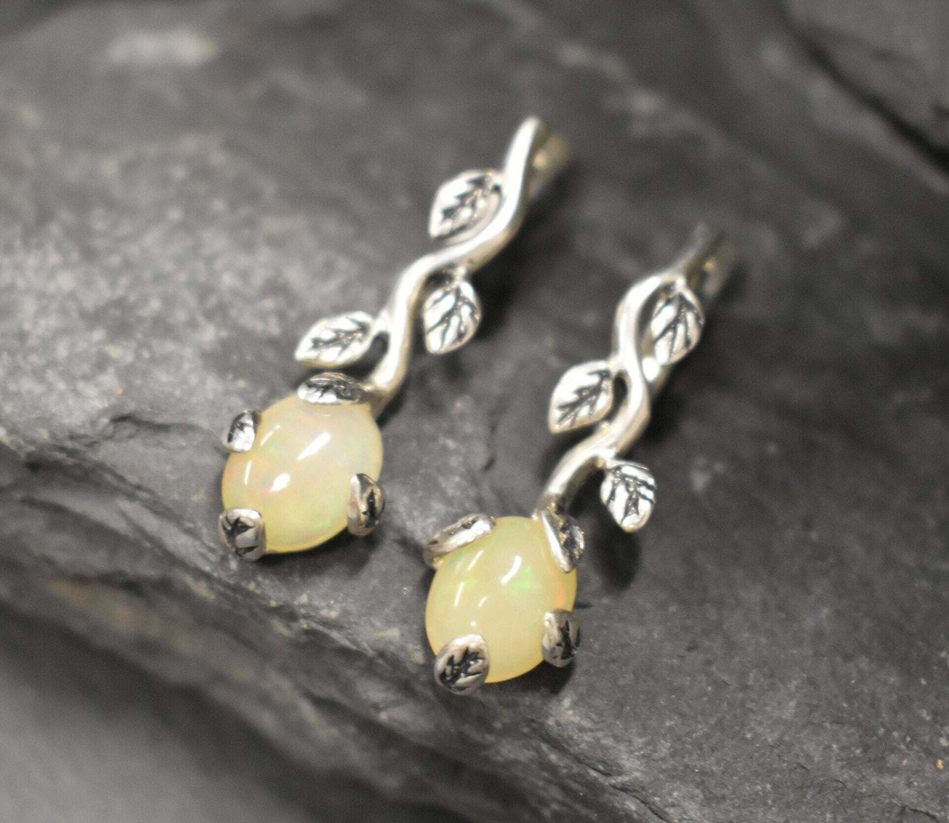 Opal Earrings, Natural Opal, October Birthstone, Leaf Earrings, Vintage Earrings, Long Earrings, Fire Opal Earrings, Solid Silver Earrings